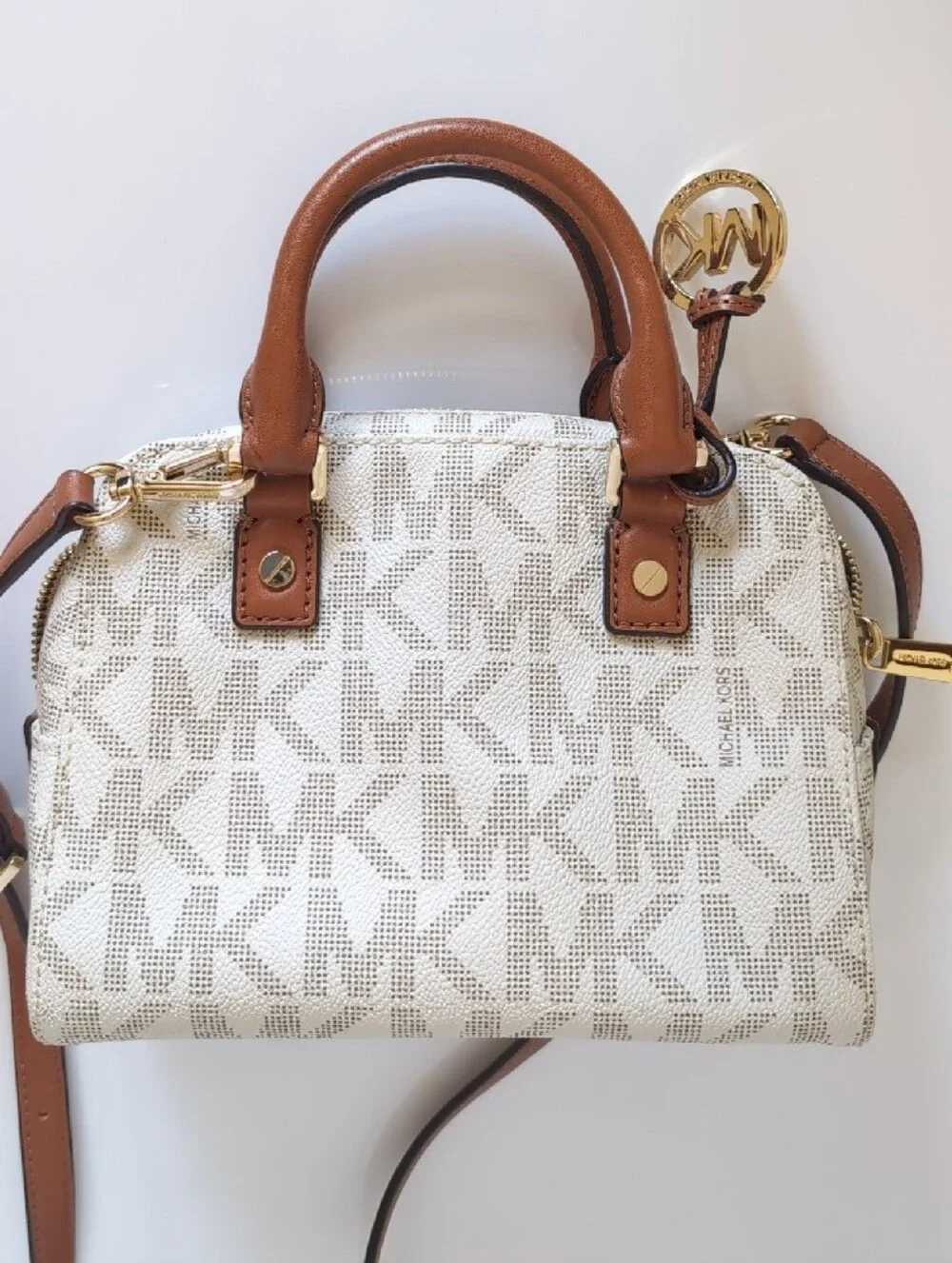 Michael Kors Cream and Brown Logo Satchel with Gold Accent